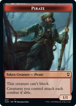 Gobelin (1/1, creatures attacks each combat) // Pirate (1/1, can't block)