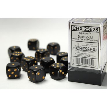 set 12 des d6 16mm opaque noir et or chessex 