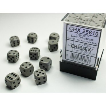 set 36 des d6 12mm opaque gris fonce et noir chessex 